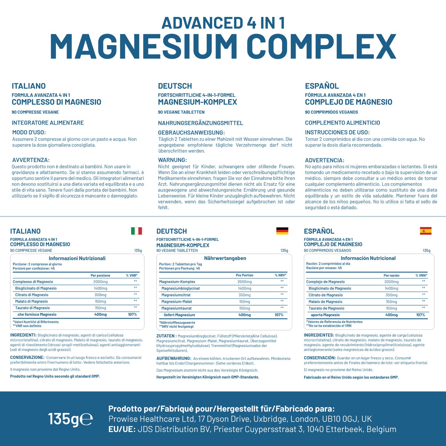 Magnesium Glycinate Complex 4 in 1 - 2000mg per serving | Precise 400mg Elemental Magnesium dose
