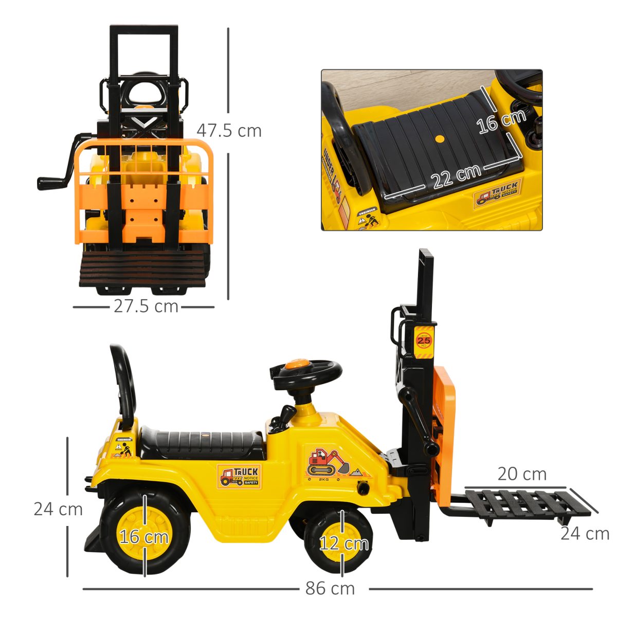 HOMCOM Kids Ride on Forklift Truck w/ Fork Tray, Under Seat Storage, Backrest