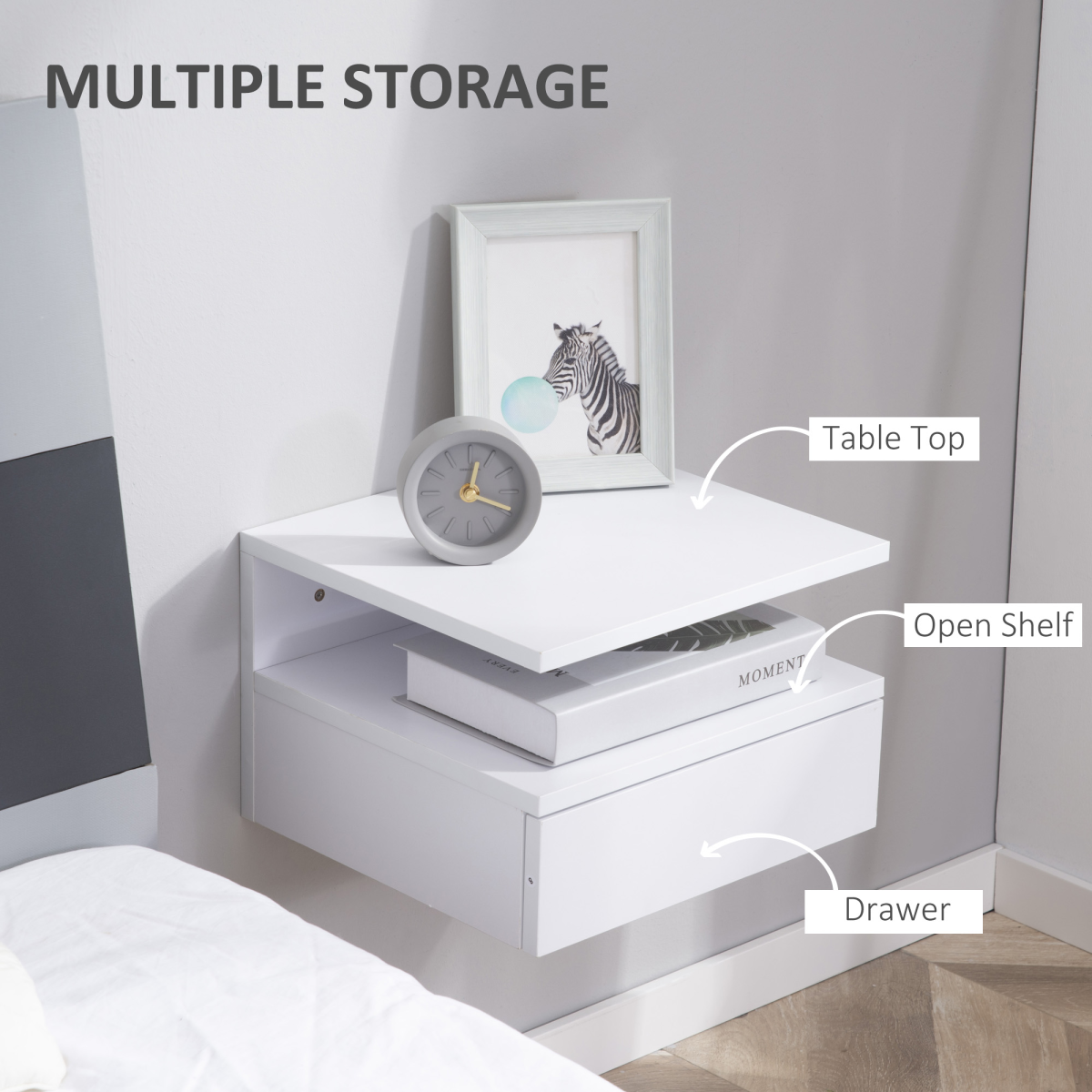 HOMCOM Floating Nightstand Set of 2, Wall Mounted Bedside Cabinet with Drawer