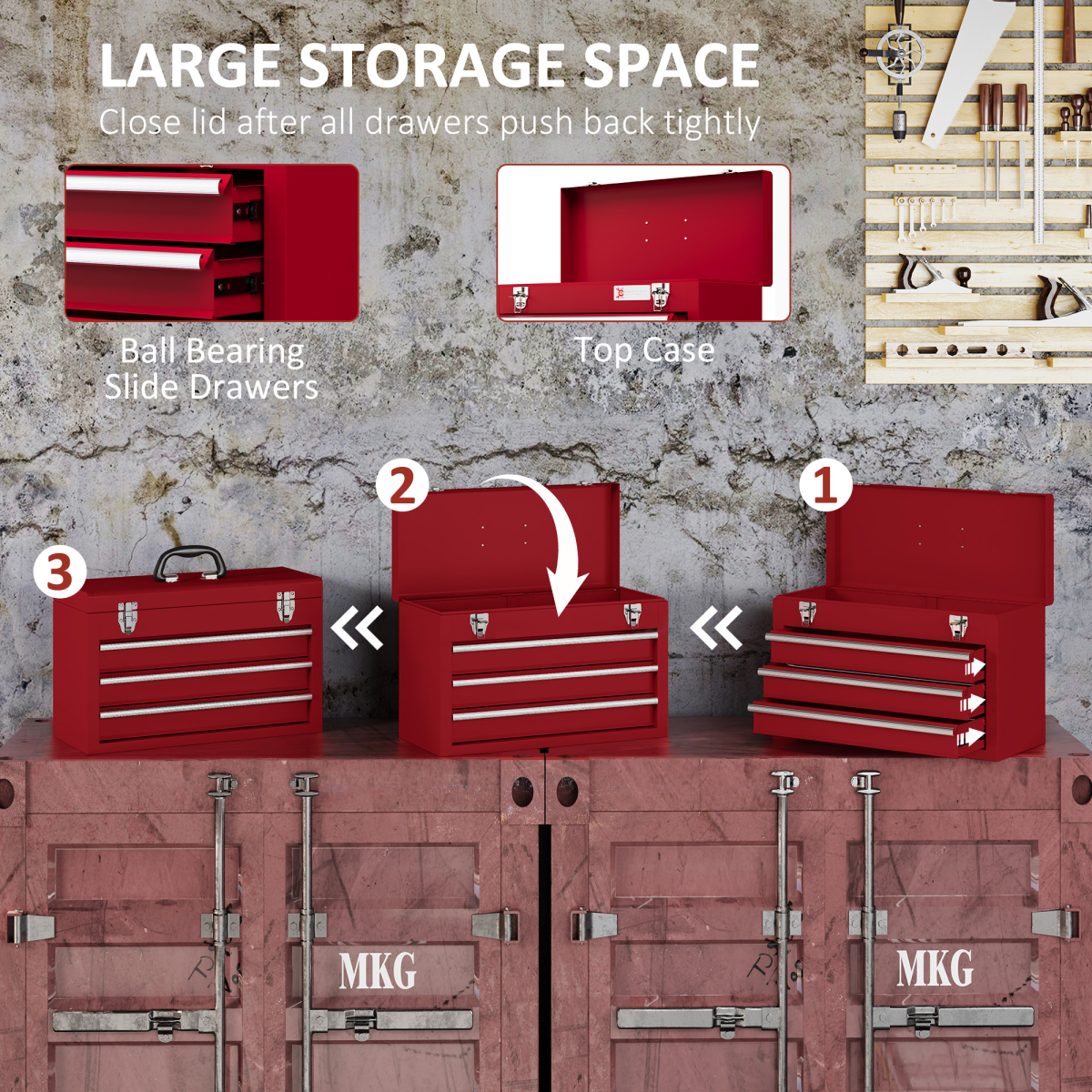 DURHAND Lockable 3 Drawer Tool Chest with Ball Bearing Slide Drawers Red