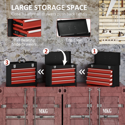 4 Drawer Tool Chest Lockable Tool Box w/ Ball Bearing Runners 51cmx22cmx39.5cm