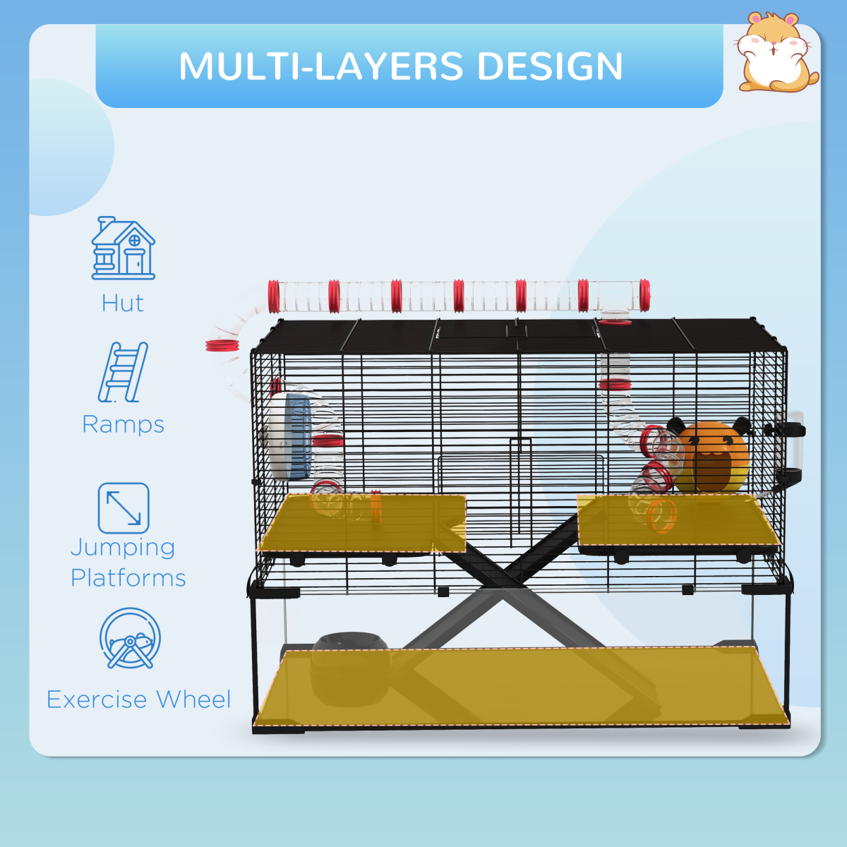 PawHut Hamster Cage w/ Tunnels, Tubes, Ramps, Platforms, Hut, 78.5 x 48.5 x 57cm