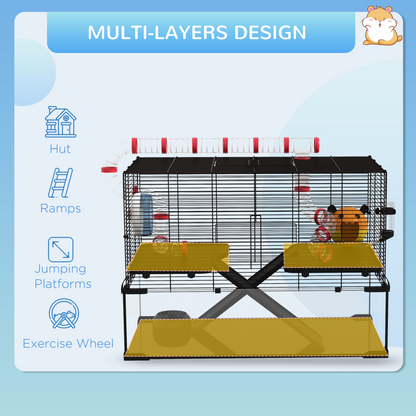 PawHut Hamster Cage w/ Tunnels, Tubes, Ramps, Platforms, Hut, 78.5 x 48.5 x 57cm