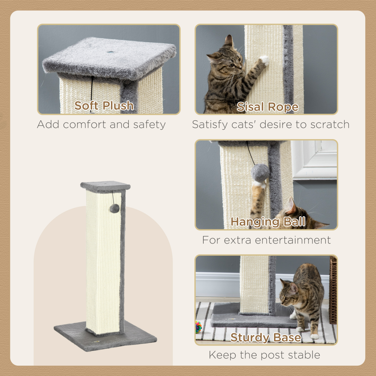 Cat Scratching Post 81cm Cat Scratcher w/ Natural Sisal Rope Hanging Ball Grey