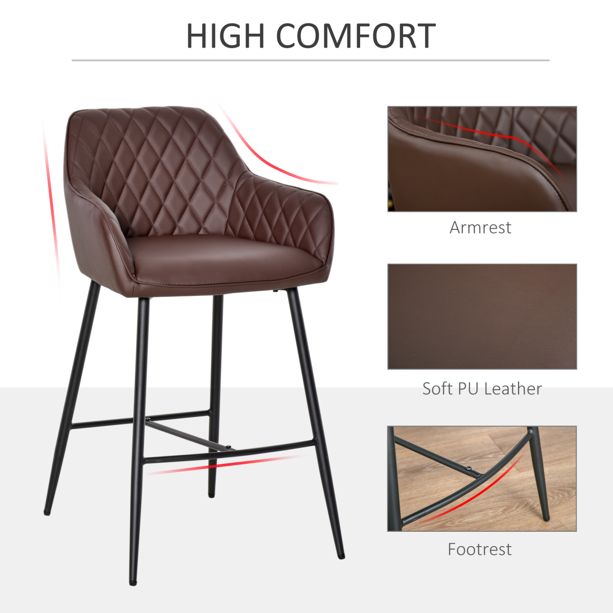 Set Of 2 Retro PU Leather Bar Chairs Set Stylish w/ Footrest Metal Frame