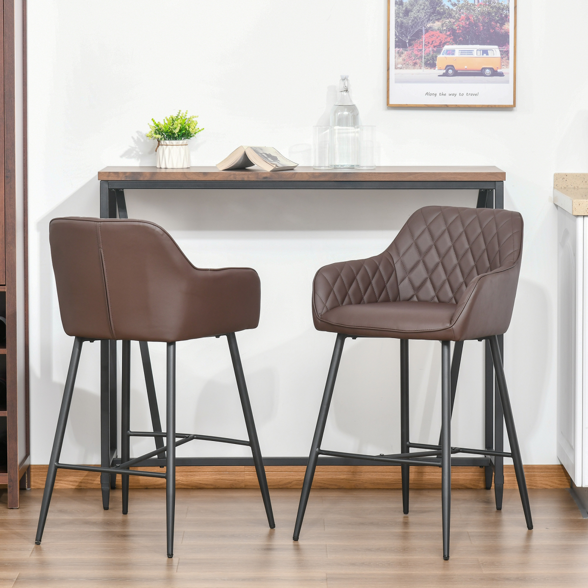 Set Of 2 Retro PU Leather Bar Chairs Set Stylish w/ Footrest Metal Frame