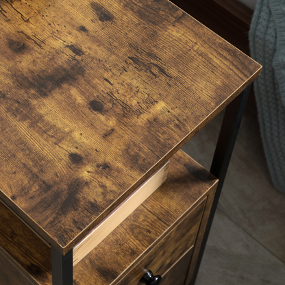 Slim Side Table End Table with 2 Drawers & Storage Shelf for Living Room, Brown