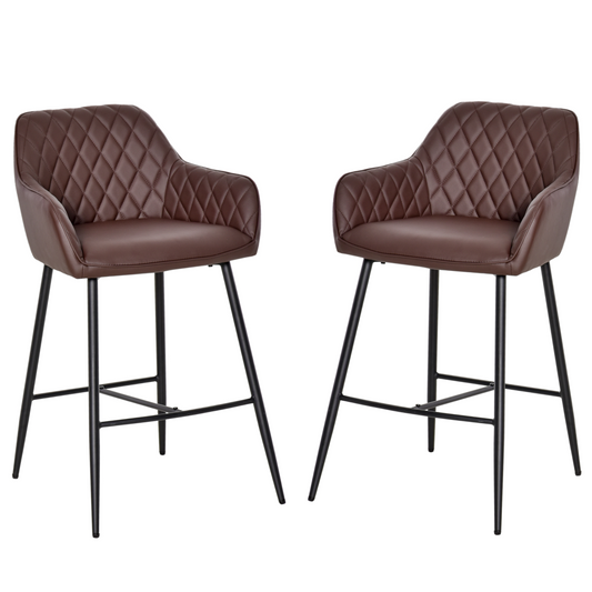 Set Of 2 Retro PU Leather Bar Chairs Set Stylish w/ Footrest Metal Frame